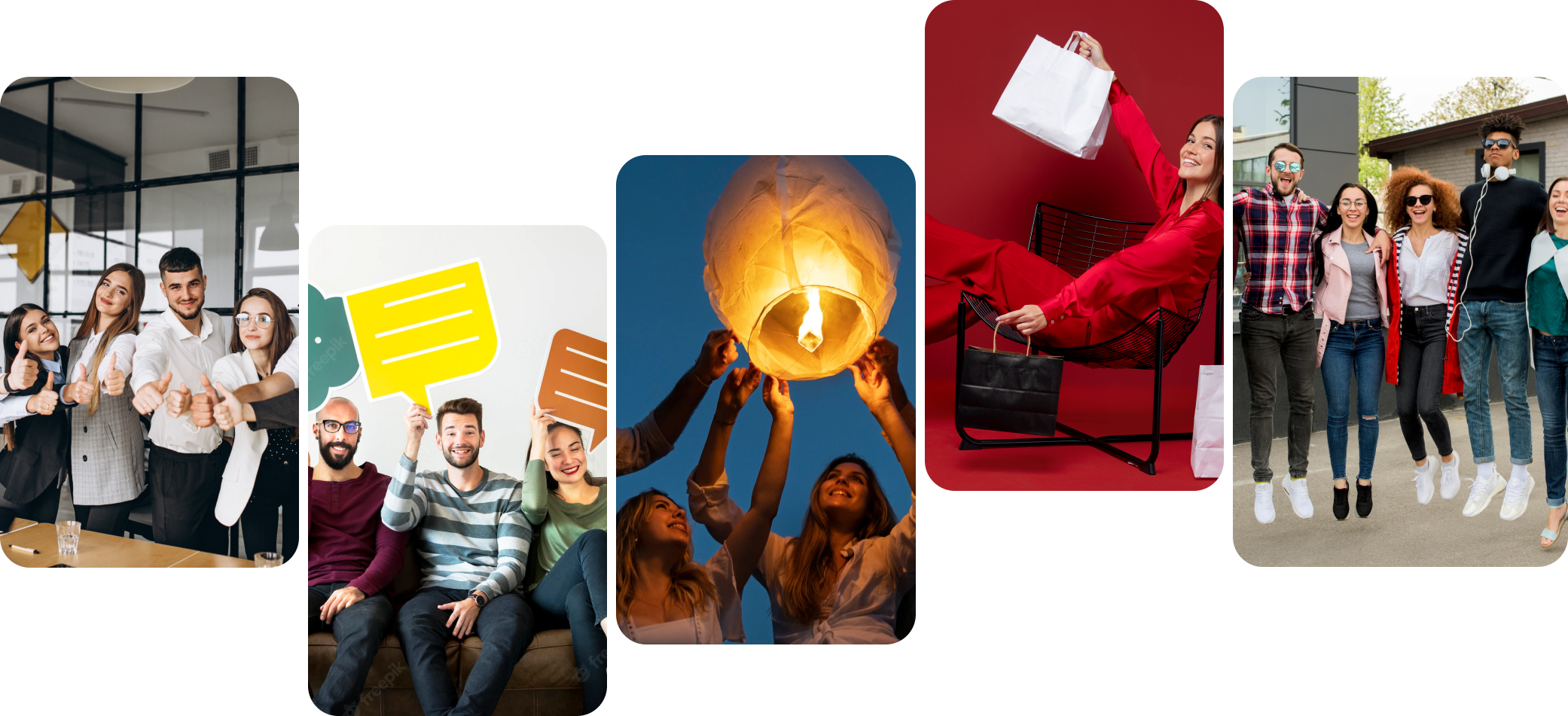 A collage of Publicators audiences — an office team, a group of friends and a shopper