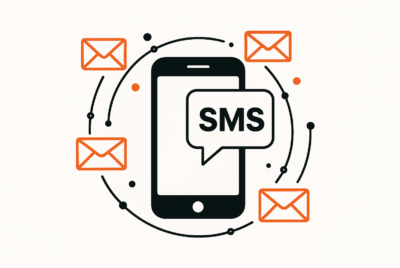 An SMS arriving on a mobile phone, surrounded by email envelopes