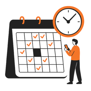 A wall calendar of scheduled sends beside a clock, with a person checking a phone