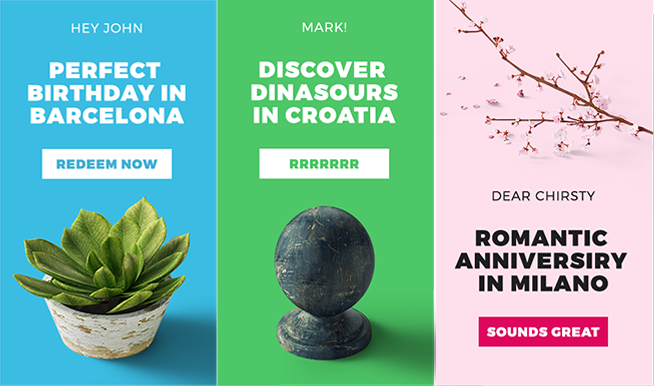 Three newsletters personalised by name — a birthday in Barcelona, dinosaurs in Croatia, an anniversary in Milan