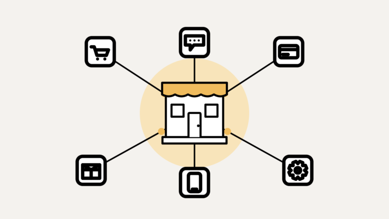 An online store connected to cart, payment, chat and settings icons