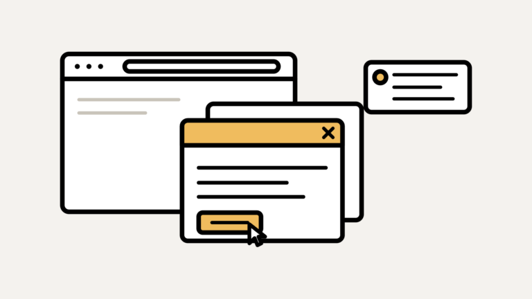Popup windows layered over a web page, one with a call-to-action button