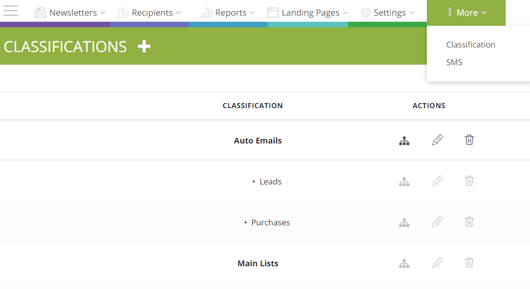 The screen for creating and managing classifications