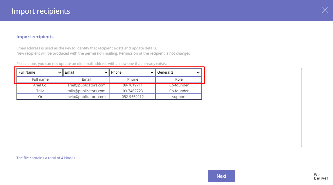 The import screen matching spreadsheet columns to Publicators field names