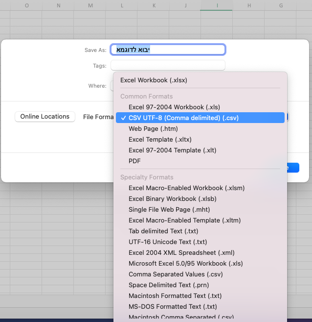 Saving a list from Excel as a comma-delimited CSV file